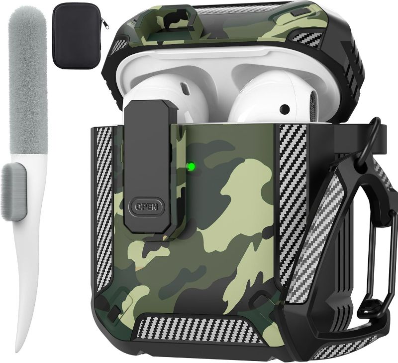 Photo 1 of Maxjoy for AirPods 2nd Generation Case Cover, AirPods Case with Lock Gen 2 Hard Shell Rugged Shockproof Protective Cover with Keychain Cleaner Kit Compatible with Apple Airpods 2 Airpods 1, Green Camo