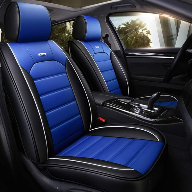 Photo 1 of otoez Leather Car Seat Covers Full Set 5 Seats Faux Leatherette Automotive Seat Covers Universal Fit for Most Sedan SUV Truck Waterproof Vehicle Cushion Cover Protector (No Pillows, Blue)