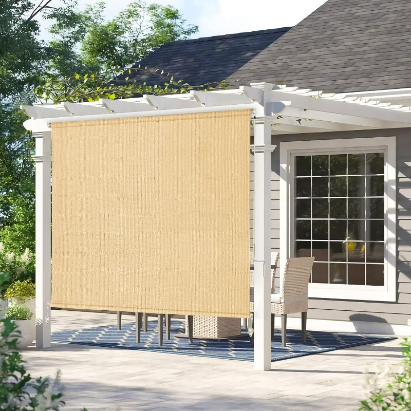 Photo 1 of Amagenix Outdoor Roller Shades 8'(W) x 6'(H), Sesame Exterior Cordless Patio Shades Roll up Outdoor Blinds for Porch Gazebo, Spliced of Two Sections