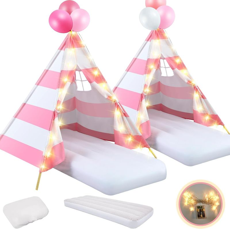 Photo 1 of 2 Pack Kids Teepee Tent Bulk with Light String, Inflatable Airbed, Bedding Fitted Sheet, Washable Foldable Tent Natural Cotton Toddler Play Tent for Girls Boys Indoor Outdoor (Pink and White)