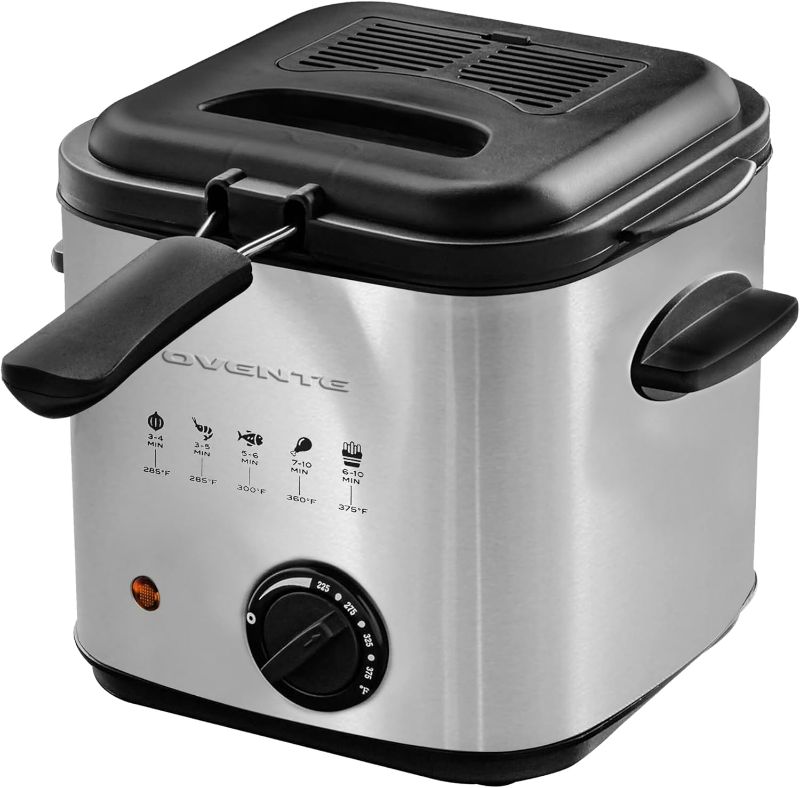 Photo 1 of OVENTE Electric Deep Fryer 1.5 Liter Capacity, Lid with Viewing Window, Removable Frying Basket, Adjustable Temperature, Cool Touch Handles and Easy to Clean Stainless Steel Body, Silver FDM1501BR