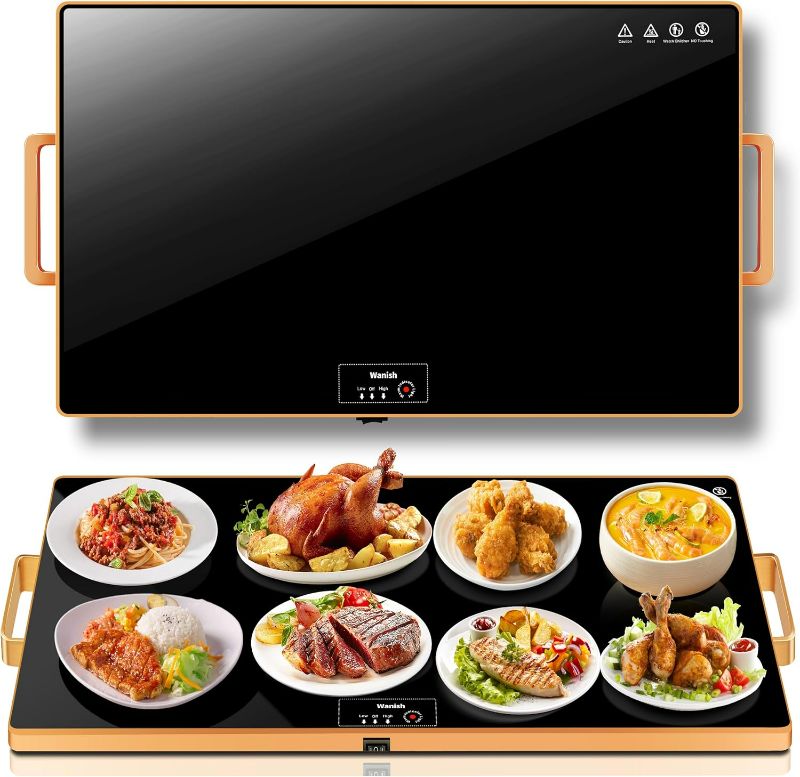 Photo 1 of Electric Warming Tray?XXL 32”x18”??Food Warmer with Thermostat and Full Surface Heating?Food Warming Mat with 2 Temperature Modes for Parties Buffet?Gatherings?Gold Edge Handles Warming Mat for Food