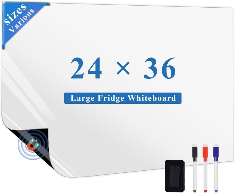 Photo 1 of Magnetic Fridge White Board Paper, 24" x 36" Large Dry Erase Board Sheet for Organizer and Planner, Kitchen Refrigerator Whiteboard for Family to-do List, Includes Markers and Eraser