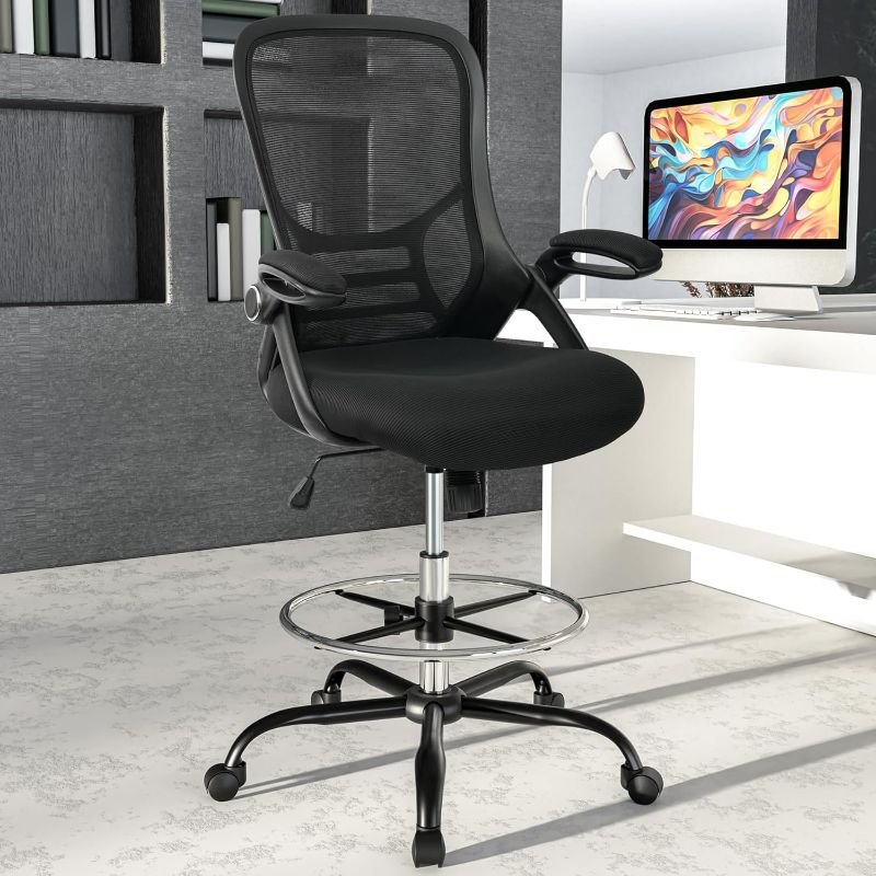 Photo 1 of HYLONE Drafting Chair Tall Office Chair High-Back Mesh Standing Desk Stool with Adjustable Footrest Ring and Flip-Up Arms (Black)