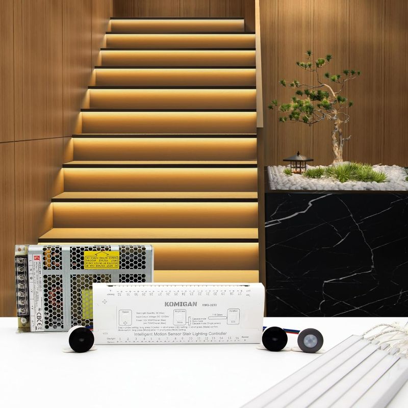 Photo 1 of Intelligent Motion Sensor Cascading Style LED Stair Lighting Kit KMG-3233, 23.6 Inch (60 cm) Length Aluminum LED Light Bar (Warm White 3000K, 16 Stairs)