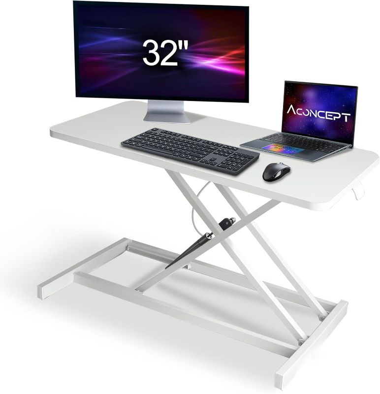 Photo 1 of 32" Standing Desk Converter - Gas Lift to 20" Height, Dual Monitor and Laptop Workstation, Pre-Assembled Adjustable Height Sit and Stand up Desk Riser, White