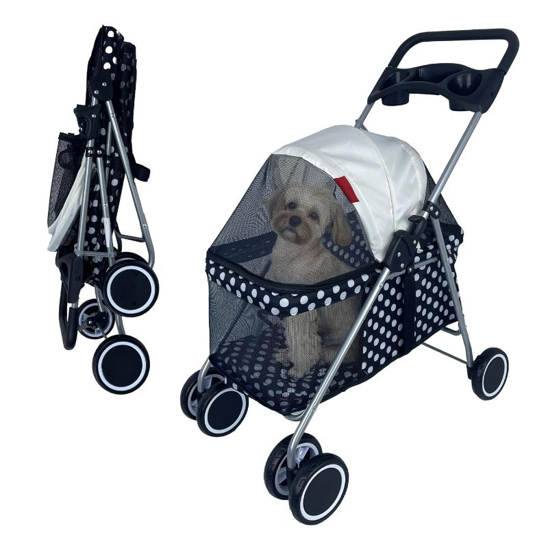 Photo 1 of 4 Wheels Posh Foldable Doggy Stroller for Small Dogs, Small and Compact Pet Stroller for Medium Dogs and Cats 33 lbs, with Large Pocket, Cup Holder (BlackDot)