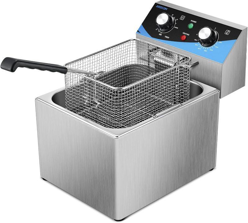 Photo 1 of 8L/8.45QT Stainless Steel Electric Deep Fryer with Basket & Lid, Single Tank Countertop Kitchen Frying Machine with Timer for Home Kitchen, Restaurant, Delis, 1800 Watts 110V