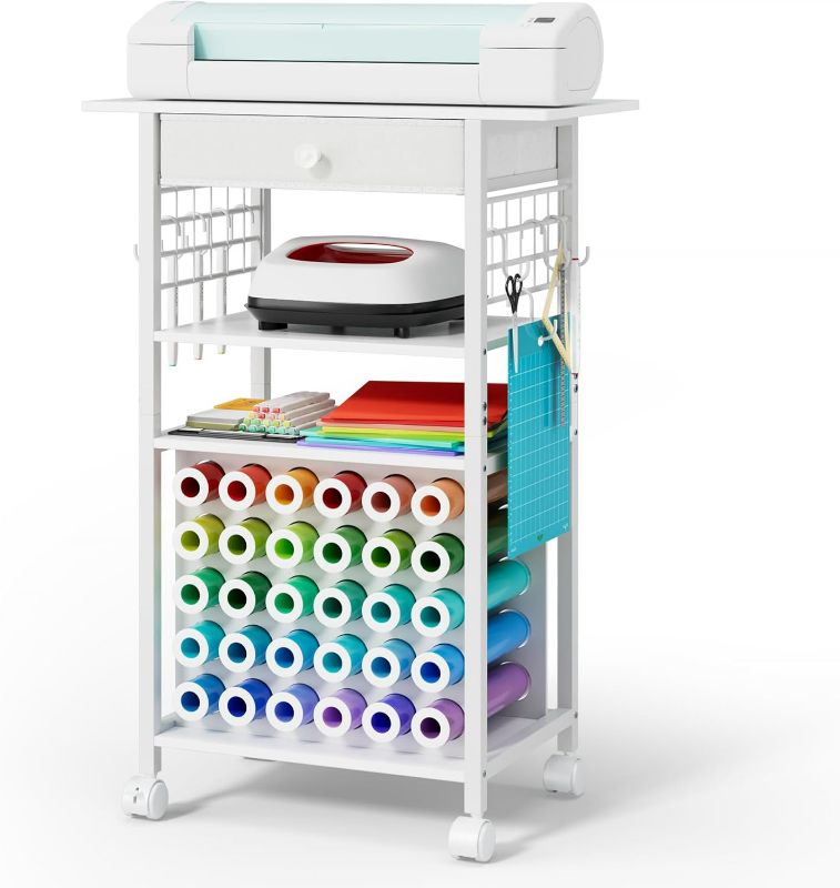 Photo 1 of Craft Cart and Organizer Table Compatible with Cricut - Rolling Storage Cart/Shelf with 30 Vinyl Roll Holders, 1 Fabric Drawer, Accessories Holder, Tool Hook for Craft Room Home,Office?White?