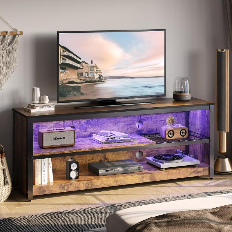 Photo 1 of Bestier LED TV Stand for 55/60 Inch TV, Gaming Entertainment Center with Adjustable Shelves, Modern Industrial Media Console with Storage Shelves for Living Room Bedroom, Rustic Brown