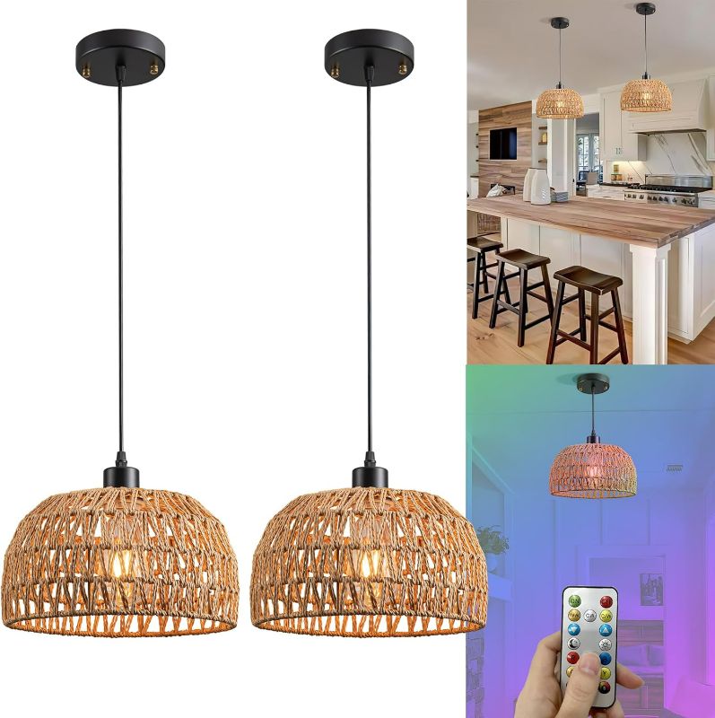 Photo 1 of Battery Operated Pendant Light with Remote,Battery Hanging Light Rattan Woven Chandelier No Wiring Needed,Rechargeable Light Bulb 50+Hours Continue Use,Perfect for Kitchen Islands Ceiling Lighting