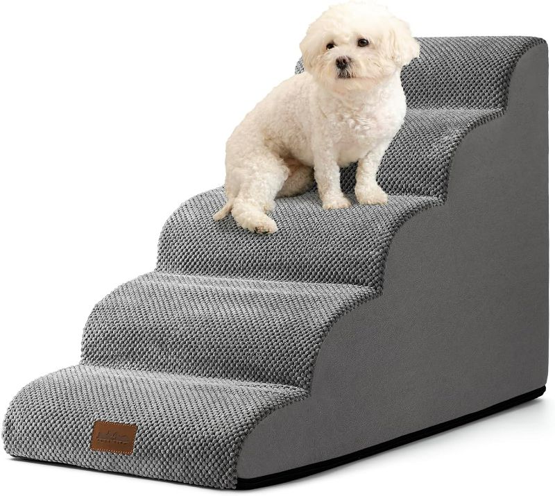 Photo 1 of Dog Stairs for High Bed 22.6" H, Small Pet Steps with Leakproof Cover, High Density Foam Cat Ramp for Bed, Car or Couch, Lightweight, Durable, Comfort, 15.7x33x22.6 inch, 5 Tiers, Grey