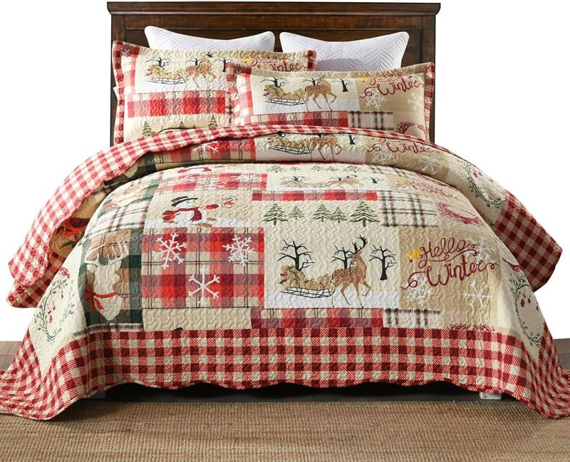 Photo 1 of MarCielo 3 Piece Christmas Quilt Set, Rustic Lodge Deer Quilt Bedspread Throw Blanket Lightweight Bedspread Coverlet Comforter Set (Hello Winter, King)