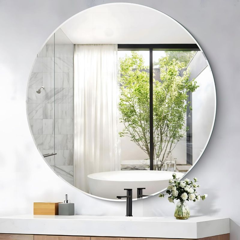 Photo 1 of 42" Round Frameless Mirror Beveled Large Round Mirror, Frameless Circle Mirror, Circular Bathroom Wall Mirror with Polished Beveled Edge for Vanity, Bedroom, Living Room, Entryways