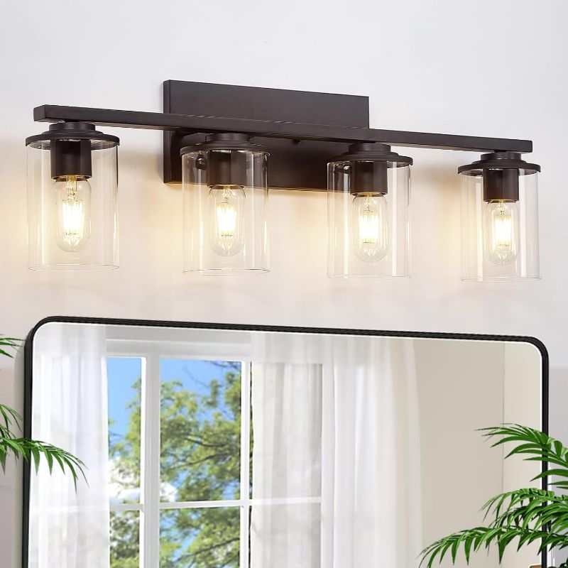 Photo 1 of Black Bathroom Vanity Light, 4-Light Bathroom Lights Fixtures Over Mirror, Vanity Lighting Fixtures with Clear Glass Shade, Matte Black Vanity Lights with E26 Base for Bathroom (4-Light, Matte Black)