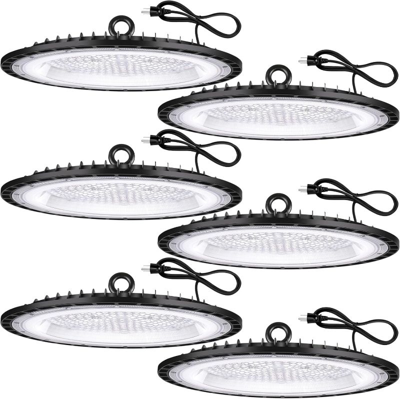 Photo 1 of 6 Pack 200W UFO Led High Bay Light Fixture,120VAC,30800LM,5000K Daylight Commercial Shop Bay Lighting,[850W MH/HPS Equiv.] US Plug Area Lighting for Garage/Warehouse/Barn/Gym/Factory/Workshop