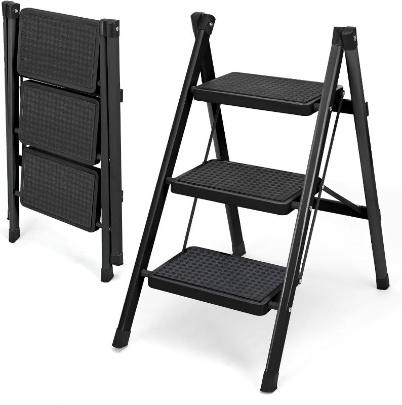 Photo 1 of 3 Step Ladder, Folding Step Stool for Adults, Lightweight Aluminum Step Ladder, Portable 330 LBS Capacity Ladders for Home Kitchen Library Office, Small Step Stools with Anti-Slip Wide Pedals