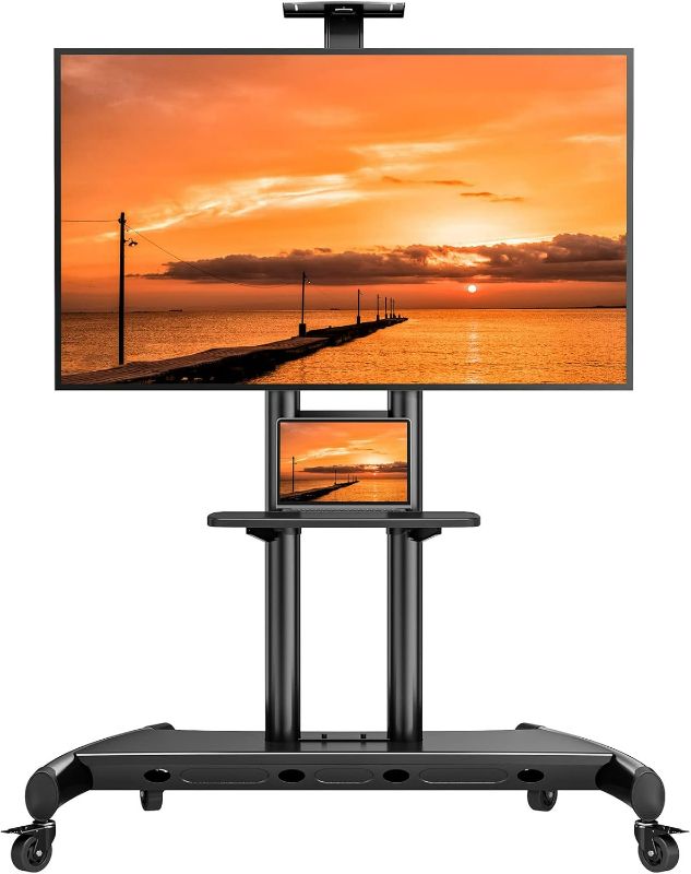 Photo 1 of Perlegear Mobile TV Stand, Rolling TV Cart for 55-90 inch Flat/Curved TVs up to 200 lbs, Adjustable Rolling TV Stand with Camera Shelf, Floor TV Stand on Wheels, Max VESA 800x500mm, PGTVMC07