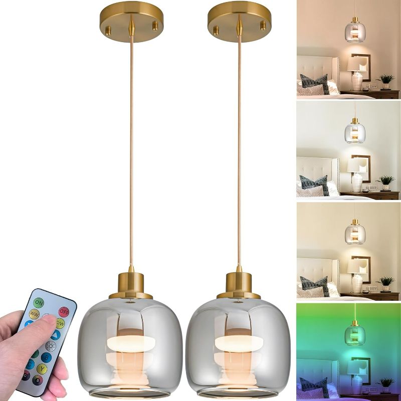 Photo 1 of 2 Pcs Battery Operated Pendant Light,Battery Ceiling Light With 10000 mAh RGB Rechargeable Light Bulbs 50 hrs Battery Life,Glass Hanging Light with Remote Control For Kitchen Island,No Wiring Required