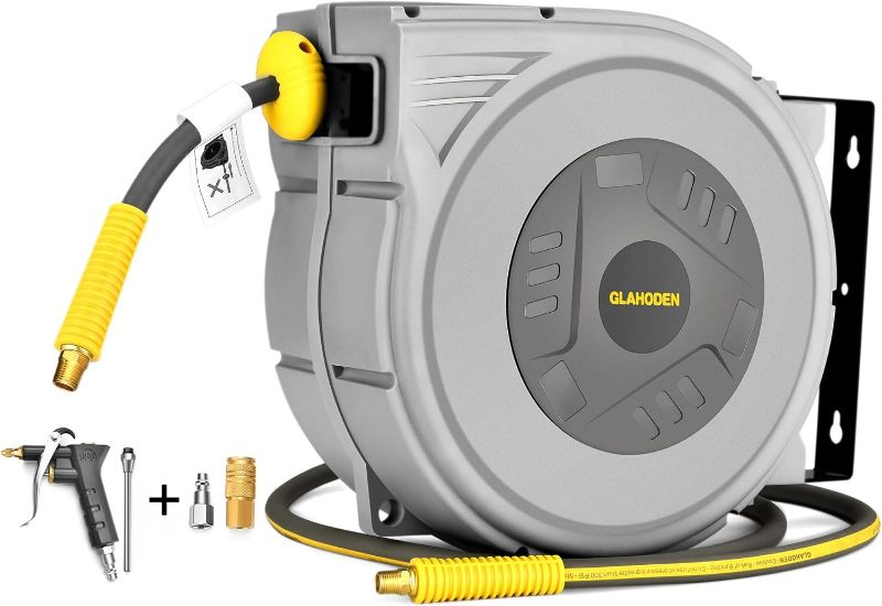 Photo 1 of Enclosed Retractable Air Hose Reel, 3/8 in x 65 Ft Hybrid Hose Air Compressor Hose Reel with 6 Ft Lead in Max 300 PSI Patented Design for Any Length Lock 180°Swivel Bracket Quick Coupler