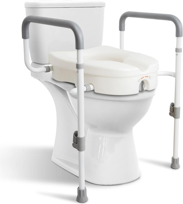 Photo 1 of Raised Toilet Seat with Handles for Elderly - Toilet Seat Risers for Seniors with Adjustable Padded Arms - Elevated Toilet Safety Seat for Standard or Elongated Commode