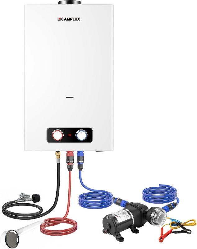 Photo 1 of CAMPLUX Tankless Water Heater Outdoor, 4.22 GPM Propane Water Heater with 3.3 GPM Water Pump Kit & Pipe Strainer, for Off Grid, Cabins, 110,000 BTU, BD422P120