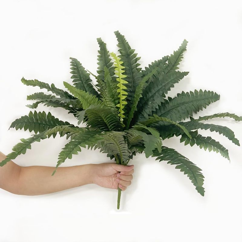 Photo 1 of 2 Bundles Artificial Ferns for Outdoors, Large Fake Plants Greenery Artificial Boston Fern UV Resistant Faux Plant Shrubs for Indoor Home Potted Garden Porch Farmhouse Decor,Green