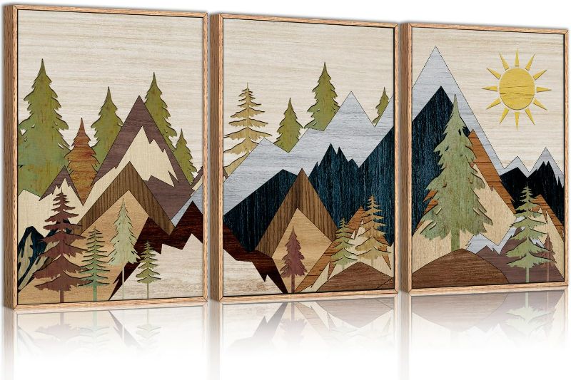 Photo 1 of Mountain Pine Tree Framed Canvas Wall Art Set, Nature Wilderness Illustration Wall Decor, Woodcut Forest Wall Painting, Mid Century Modern Art Print for Living Room Bedroom Office 16"x24"x3