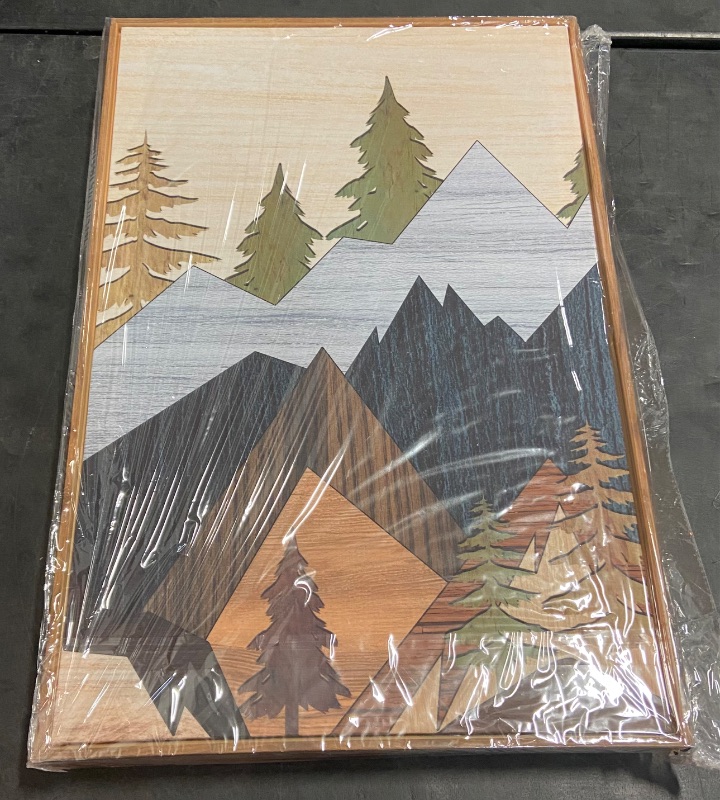 Photo 1 of Mountain Pine Tree Framed Canvas Wall Art Set, Nature Wilderness Illustration Wall Decor, Woodcut Forest Wall Painting, Mid Century Modern Art Print for Living Room Bedroom Office 16"x24"x3