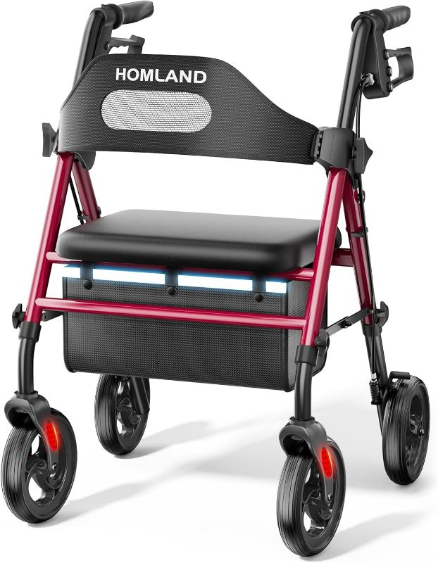 Photo 1 of Foldable Rollator Walkers with Seat for Seniors, 8'' Big Wheels, 350 lb. Weight Capacity, Adjustable Handles and Seat Height, Lightweight Rolling Walker, Red