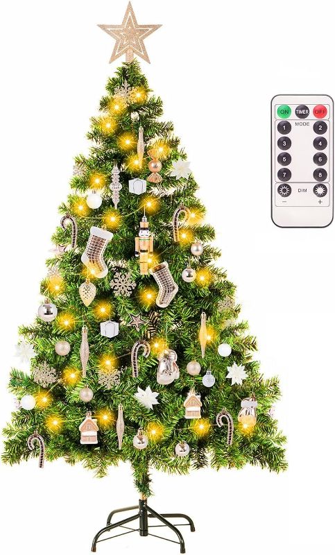 Photo 1 of Artificial Christmas Tree with Christmas Tree Decorations Ornaments Set, Fake Christmas Tree Prelit with Lights (8 Modes) and Full Set of Christmas Tree Ornament (Champagne+White, 5FT)