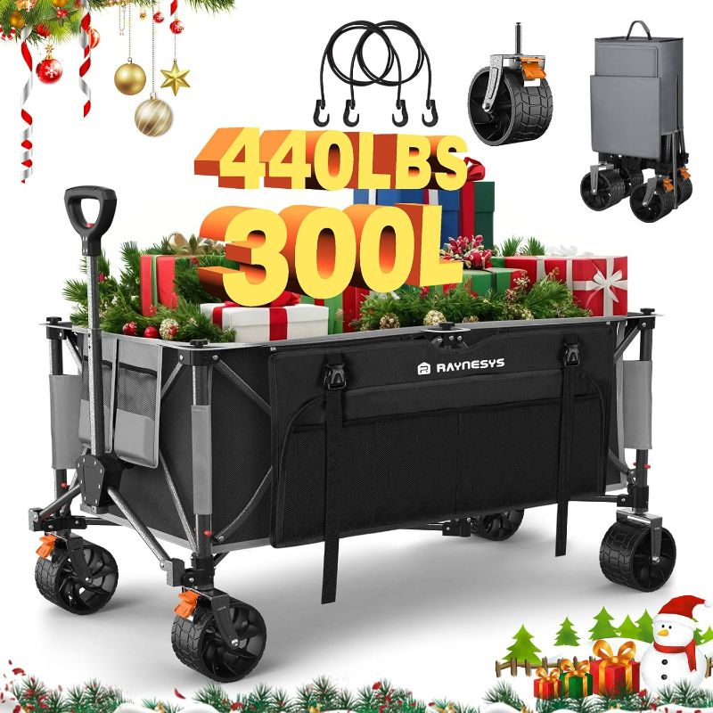 Photo 1 of Collapsible Wagon Cart with Wheels Foldable, 440lbs 300L Heavy Duty Folding Wagon, Foldable Wagon for Sports Beach Grocery Camping, Upgraded Effortless Elegance, Black & Gray