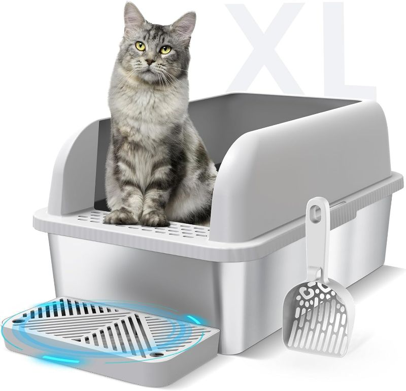 Photo 1 of Enclosed Stainless Steel Cat Litter Box with Lid Extra Large Litter Box for Big Cats XL Metal Litter Pan Tray with High Wall Sides Enclosure, Non-Sticky, Anti-Leakage, Easy Cleaning