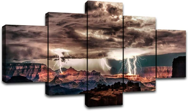 Photo 1 of Grand Canyon Lightning Painting Wall Art Sedona Canvas Print Storm Dark Clouds Scenery Wall Decor Arizona National Park Picture Cliff Poster Frame Office Home Bedroom Ready to Hang(60''Wx32''H)