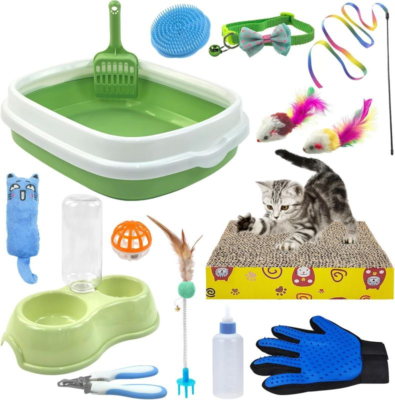 Photo 1 of Kitten Starter Kit, 15 Piece Cat Essentials Set Includes Cat Litter Box,Cat Toys, Cat Collars?Cat Scratch Pad, cat Nail File?Automatic Cat Feed Bowls, Pet Grooming Gloves for Cats Daily Life?Green?