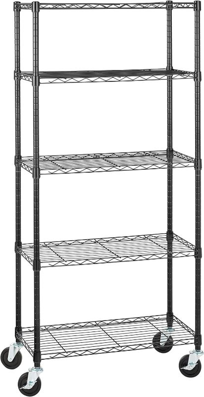 Photo 1 of Amazon Basics 5-Shelf Adjustable, Heavy Duty Storage Shelving Unit on 4'' Wheel Casters, Metal Organizer Wire Rack, 30" L x 14" W x 64.75" H, Black