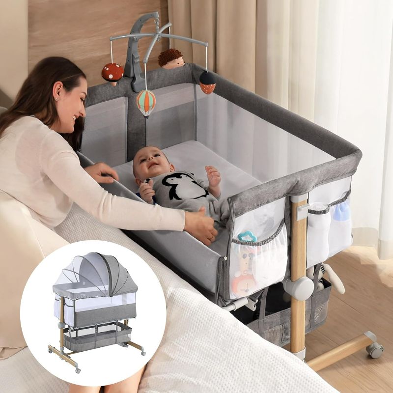 Photo 1 of besrey 3 in 1 Baby Bassinets, Rocking Bedside Bassinet Sleeper with Mobile Toy Hanger, Baby Cradle for Newborn Infant with Larger Lockable 360° Swivel Wheels, 9 Height Positions, Storage Basket