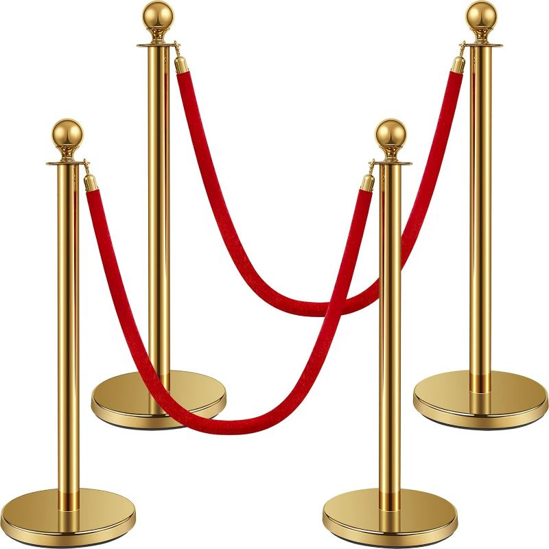 Photo 1 of Ferraycle 4 Pcs Stainless Steel Stanchion Post Queue 5 ft Velvet Rope Carpet Ropes and Poles Crowd Control Barriers Sand Injection Hollow Base and Velvet Ropes Set for Party Supplies (Gold)