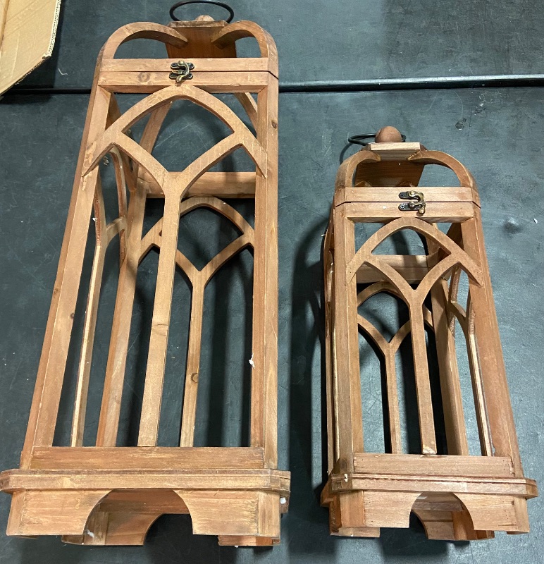 Photo 2 of Glitzhome Farmhouse Decorative Lanterns Wooden Candle Lantern Church Window Frame Lanterns for Wedding Mantle Entryway Home Patio Balcony Garden, Pack of 2, Natural, No Glass