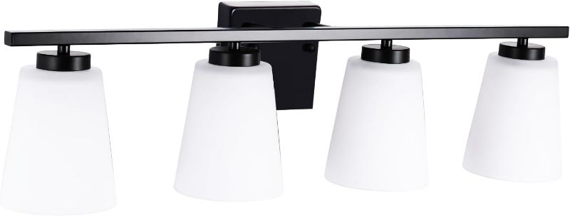 Photo 1 of 4 Light Bathroom Light Fixture, Black Bathroom Lights Over Mirror, 28 Inches Vanity Light with Milky White Glass Shades Modern Vanity Lights for Bathroom