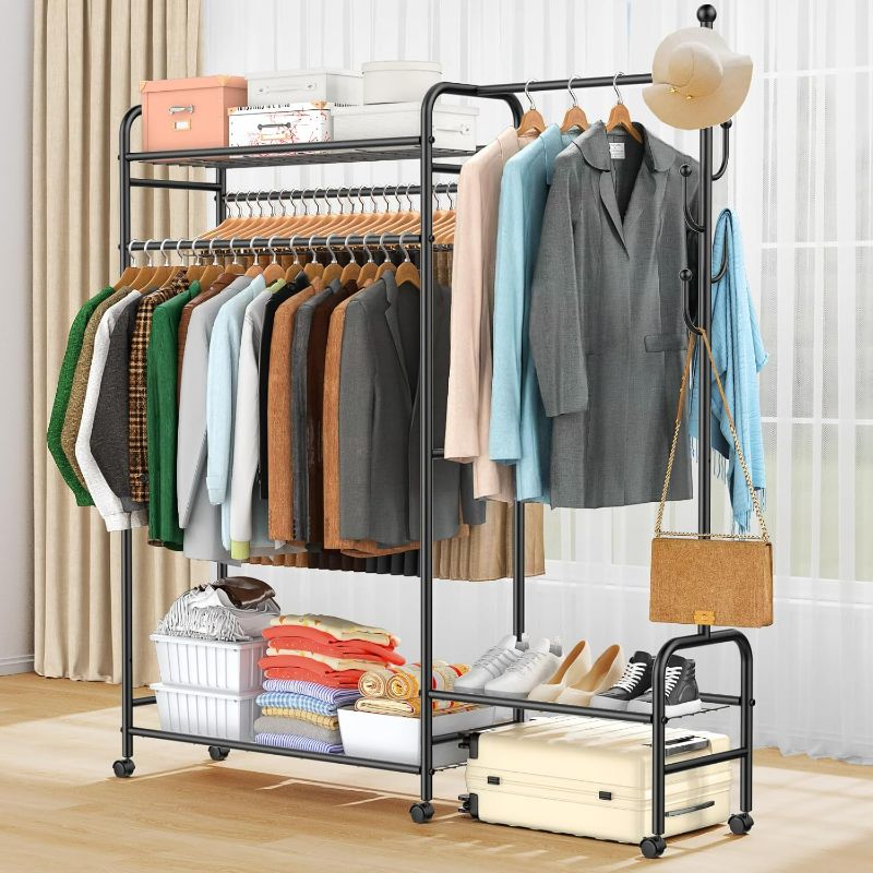 Photo 1 of 3-In-1 Clothes Racks For Hanging Clothes with Coat Rack, Heavy Duty Clothing Rack with Shelves Load 620Lbs, Portable Garment Racks with Lockable Wheels, Multi-Functional Closet Rack For Bedroom