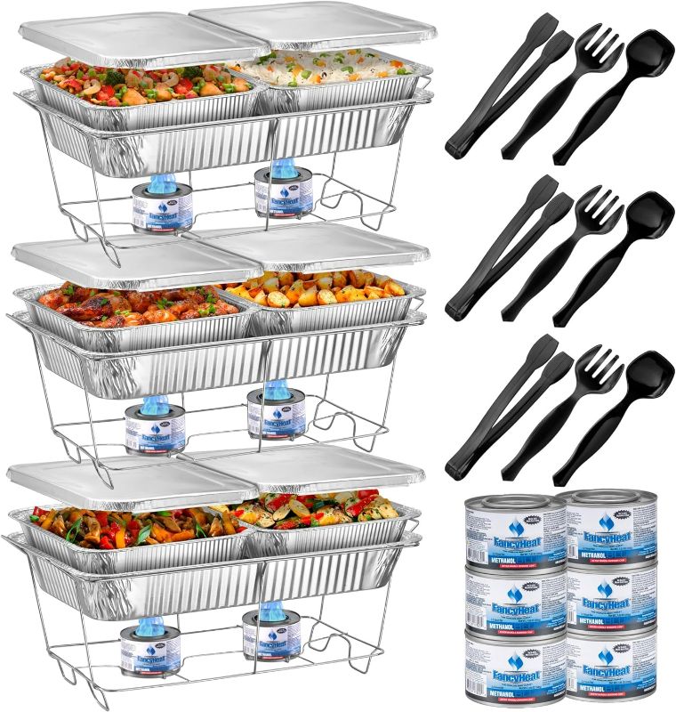 Photo 1 of Disposable Chafing Dish Buffet Set, Food Warmers for Parties, Complete 33 Pcs of Chafing Servers with Covers, Catering Supplies with Full-Size Pans (9x13), Warming Trays for Food with Utensils & Lids