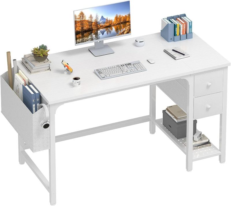 Photo 1 of Lufeiya White Small Desk with Fabric Drawers, 47 Inch Computer Desk for Small Space Home Office, Modern Simple Study Writing Table PC Desks, White