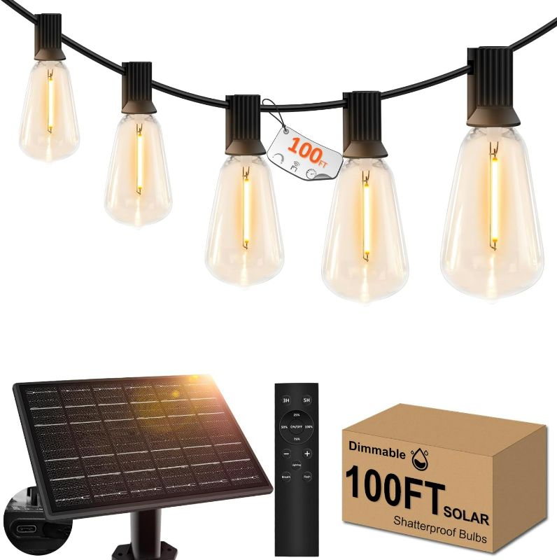 Photo 1 of 100ft Solar Outdoor String Lights with Remote - USB Rechargeable Solar Powered Outdoor Patio Lights, Larger 3.5W Solar Panel , Timer, Dimmable Shatterproof ST38 Bulbs for Backyard, Porch, Garden, Pool