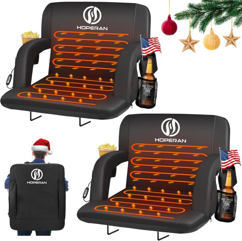 Photo 1 of HOPERAN Heated Stadium Seats for Bleachers with Back Support and Wide Cushion, Extra Portable Bleacher Seat Foldable Stadium Chair, USB 3 Levels of Heat, 5 Pockets for Outdoor Camping Games Sports