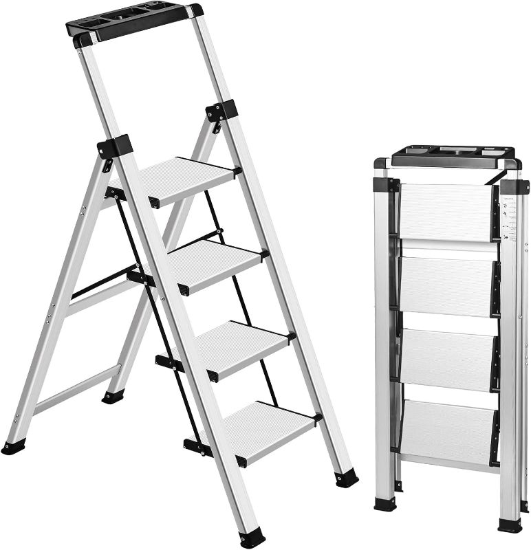 Photo 1 of XinSunho 4 Step Ladder, Retractable Handgrip Folding Step Stool with Anti-Slip Wide Pedal, Aluminum Stool Ladders 4 Steps, 330lbs Safety Household Ladder