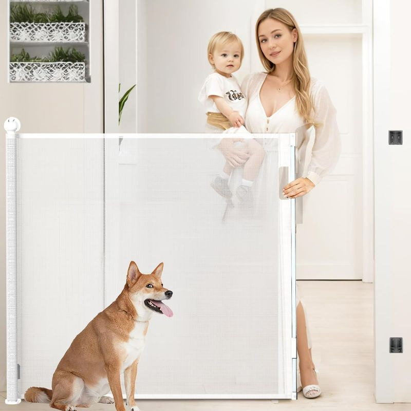 Photo 1 of Bulubaky Extra Tall Safety Retractable Baby Gate Adjustable Wide Retractable Dog Gate Mesh Baby Gate Child Gate for Doorway, Hallway, Stair Gates for Kids or Pets (White, 42" Tall x 55" Wide)