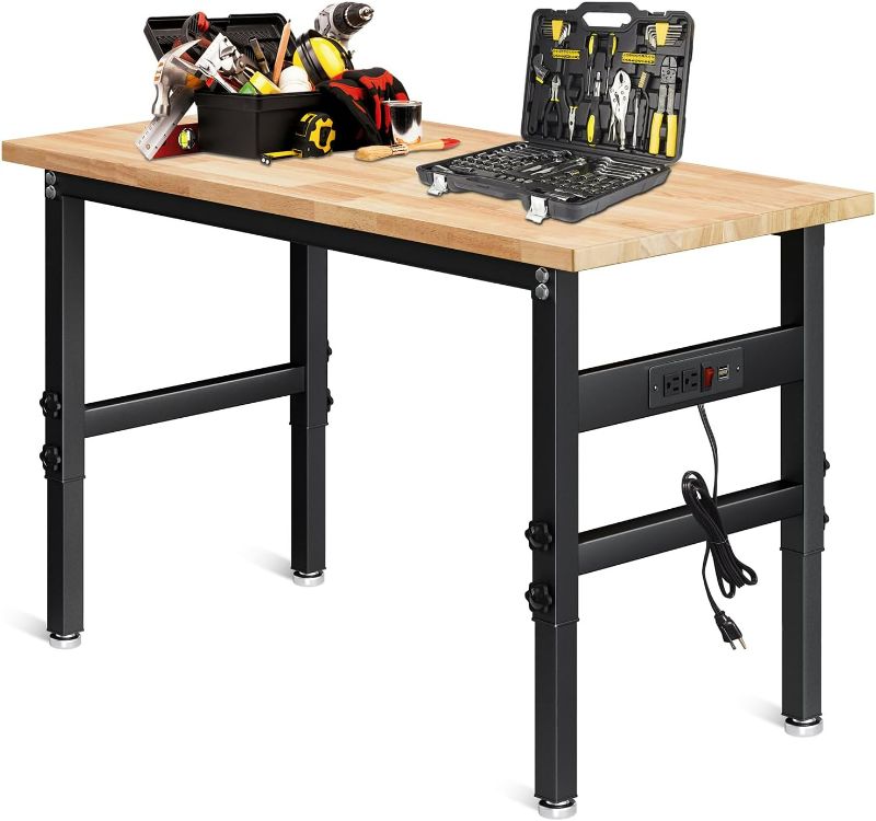 Photo 1 of 48" Adjustable Work Benches with Power Outlet & Soild Oak Hardwood Top - Heavy-Duty Workbench for Garage, Workshop, Office, Home - 2000 lbs Capacity