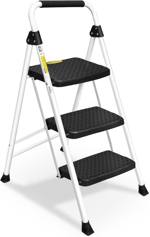 Photo 1 of HBTower 3 Step Ladder, Folding Step Stool with Wide Anti-Slip Pedal, Sturdy Steel Ladder, Convenient Handrail, Lightweight, Portable Steel Step Stool