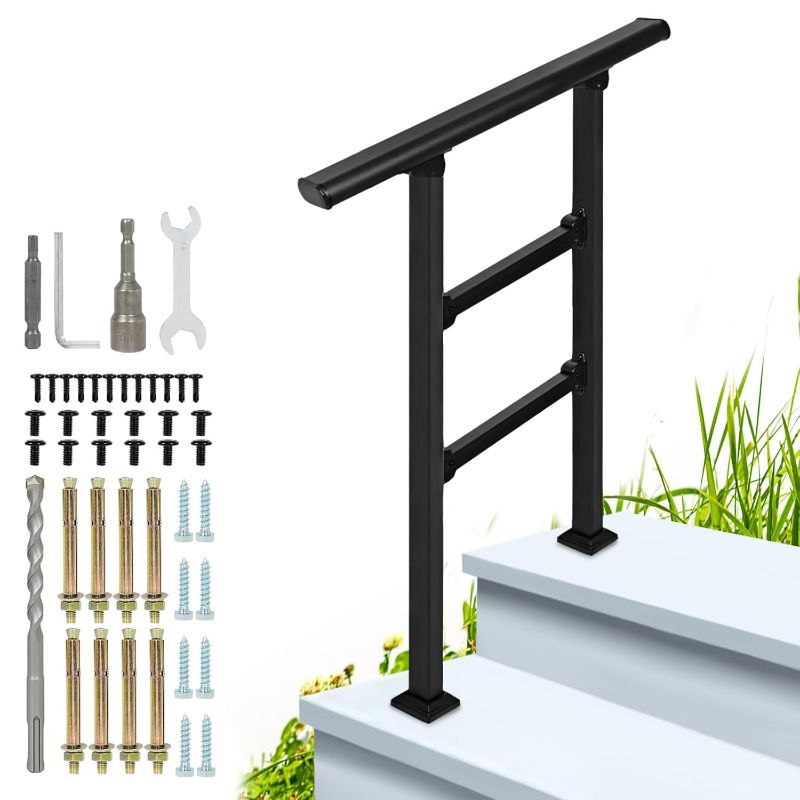 Photo 1 of 2-Step Outdoor Stair Railing: Black Wrought Iron Handrail for 1 to 2 Steps - Porch Stairs Hand Rail Railings Kit